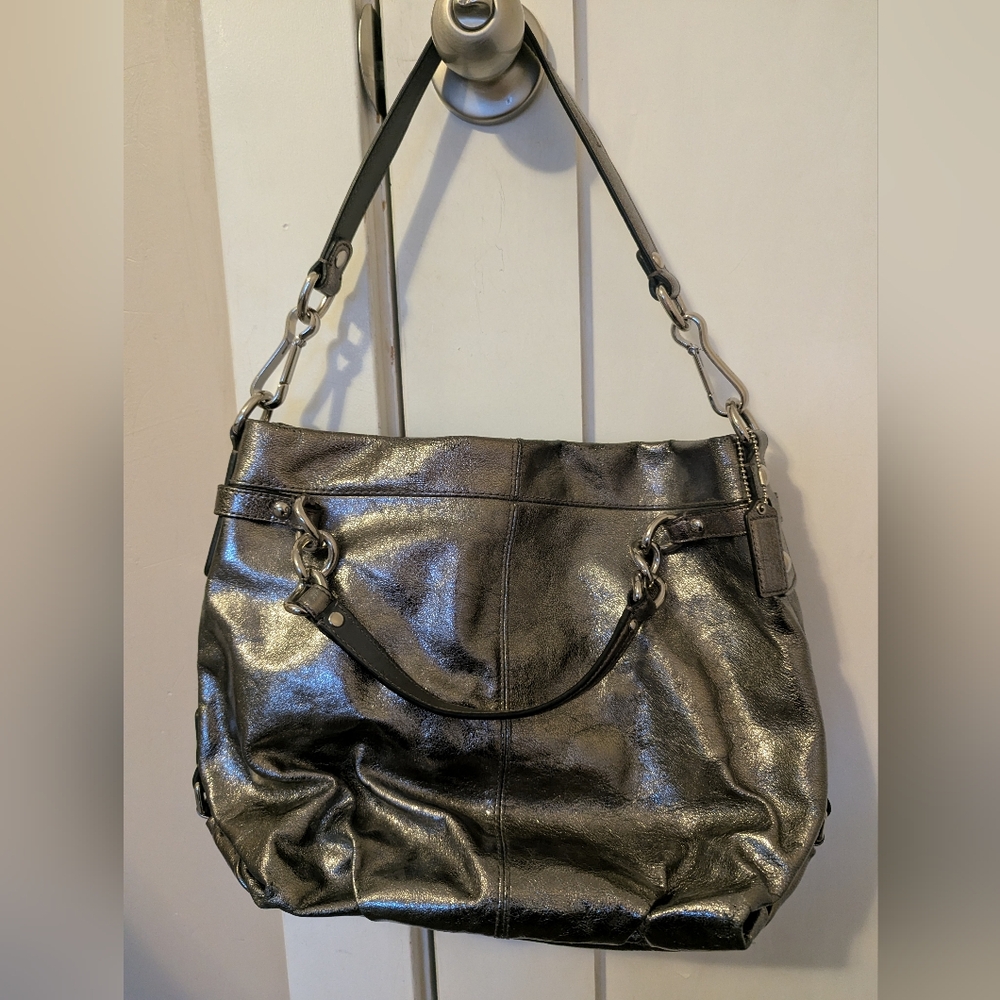 Coach pewter shoulder bag with removable strap